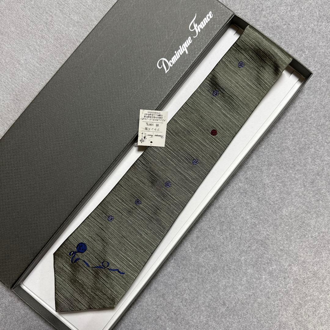 未使用タグ付　ドミニクフランス　ネクタイ　緑系　鞠柄　スリークラウン王冠