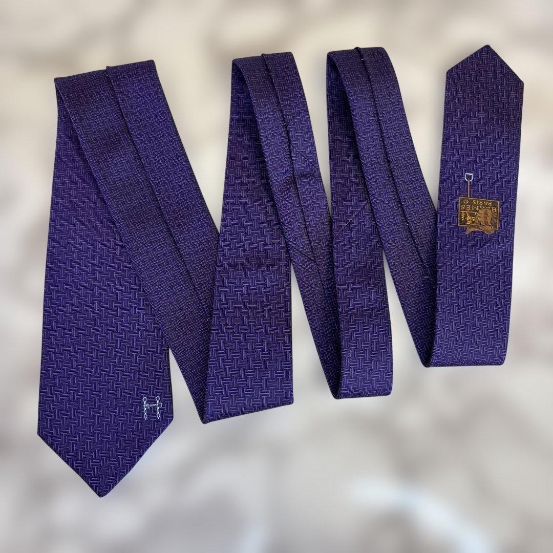 【箱付き&極美品✨】HERMES ネクタイ　パープル　紫　ファソネ　刺繍　細身