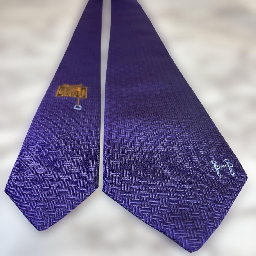 【箱付き&極美品✨】HERMES ネクタイ　パープル　紫　ファソネ　刺繍　細身