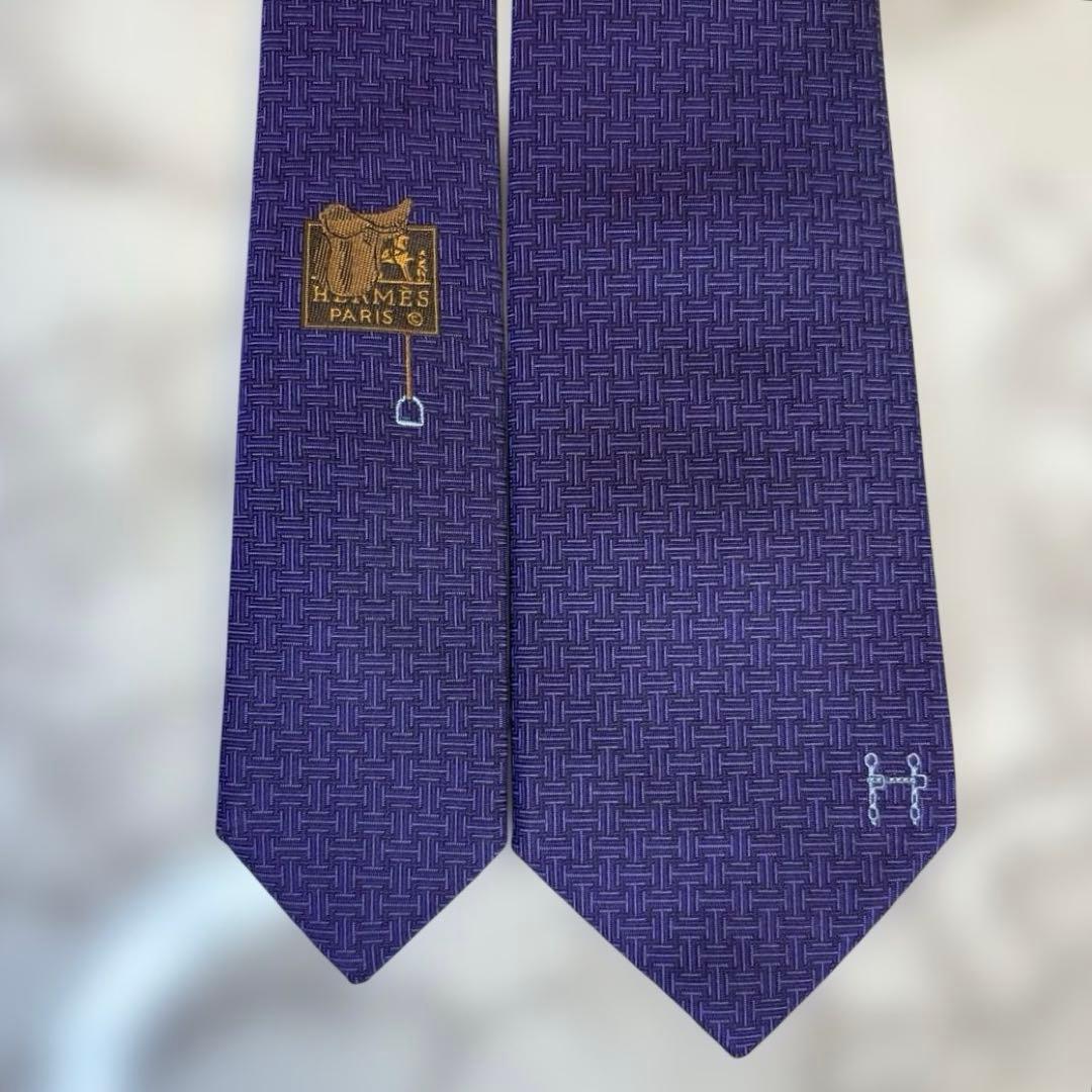 【箱付き&極美品✨】HERMES ネクタイ　パープル　紫　ファソネ　刺繍　細身