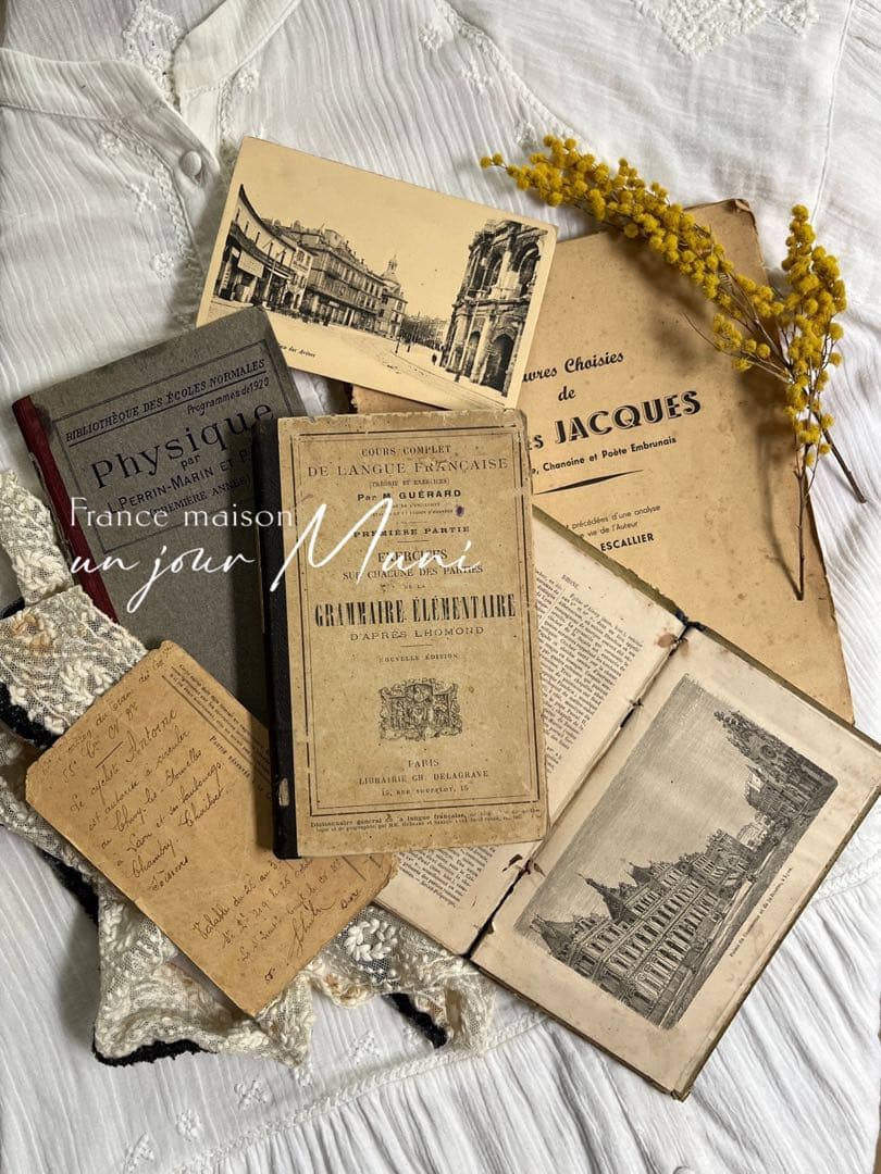 ◆SALE◆フランスアンティーク｜100年前古書教科書詩集手書きハガキ紙もの挿絵