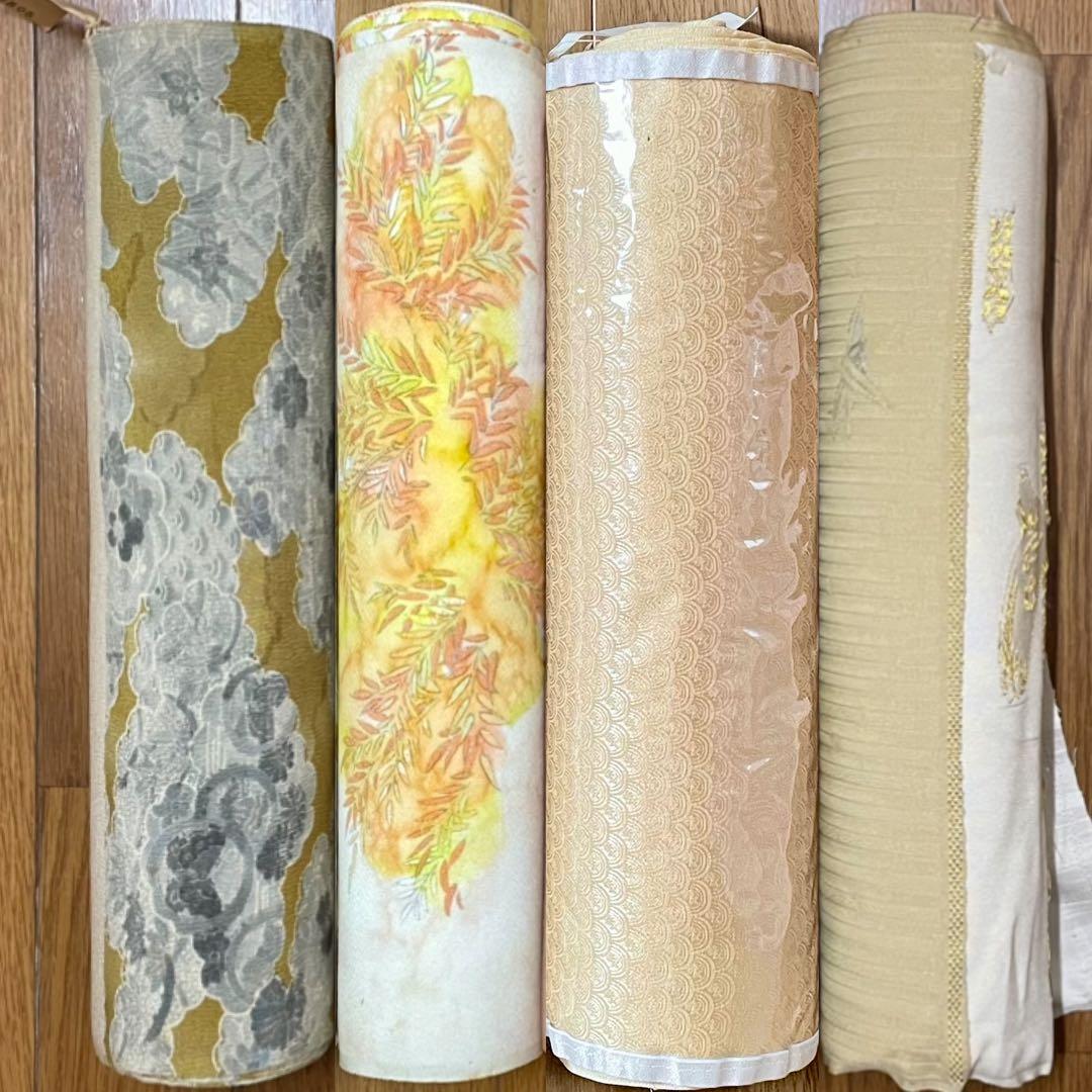 正絹　反物　黄色系　ベージュ　コシノアヤコ　プラチナ縫取り　招福竹　八掛地付