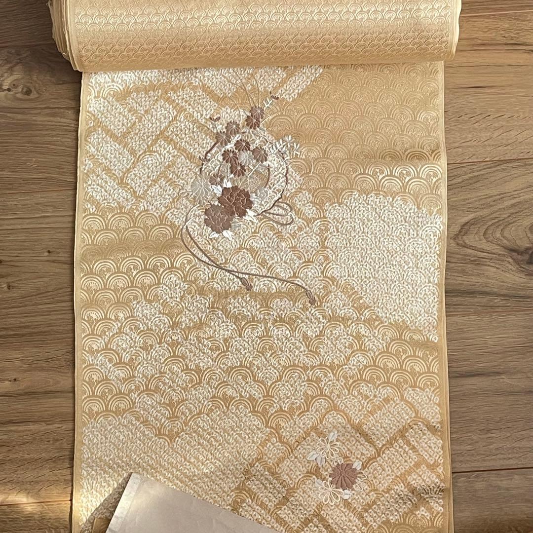 正絹　反物　黄色系　ベージュ　コシノアヤコ　プラチナ縫取り　招福竹　八掛地付