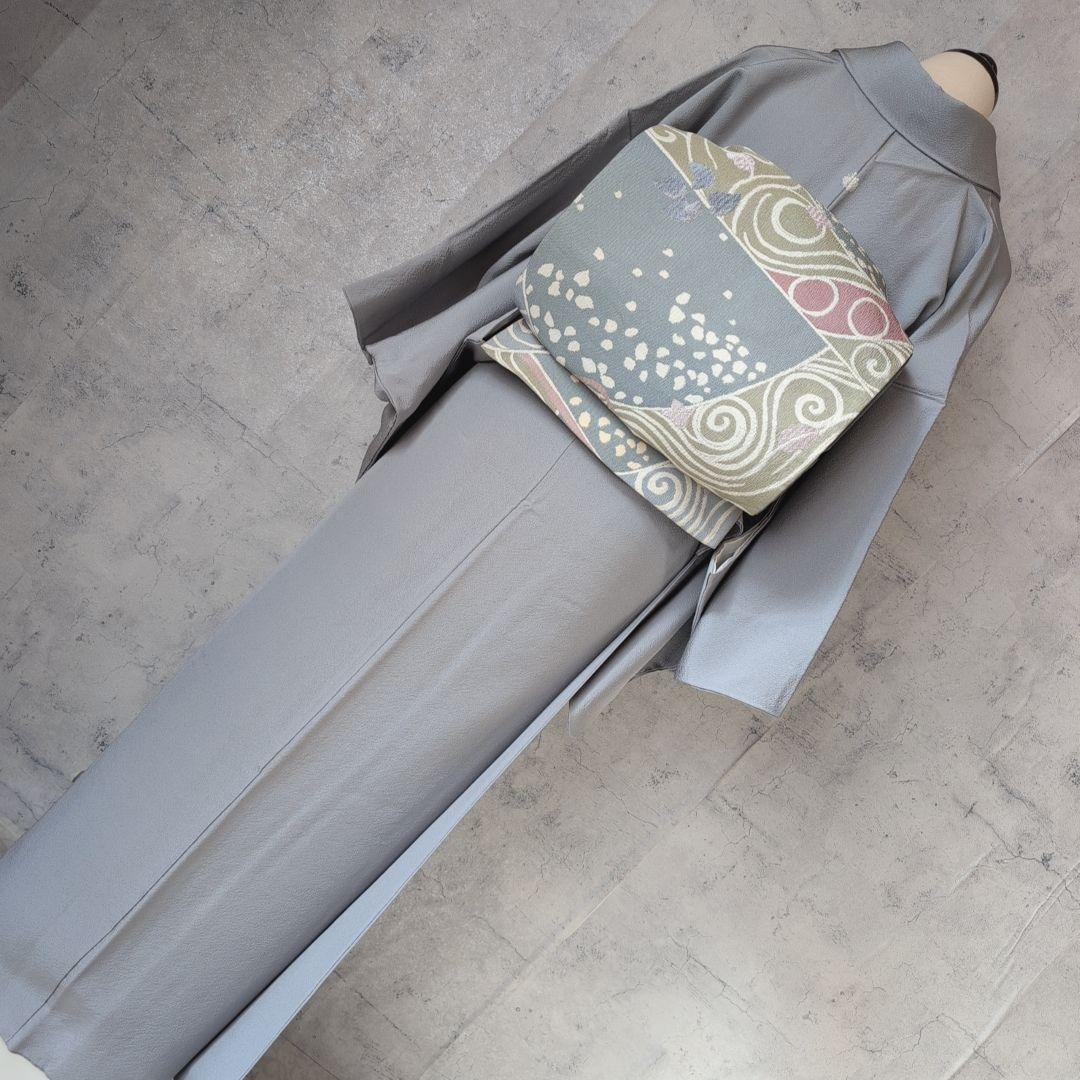 色無地　着物　フルセット　正絹　グレー　帯渦巻き　D2