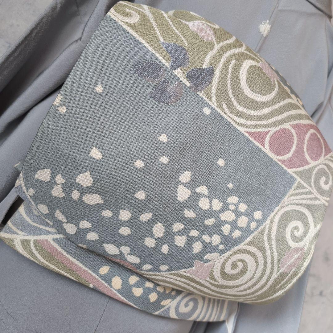 色無地　着物　フルセット　正絹　グレー　帯渦巻き　D2