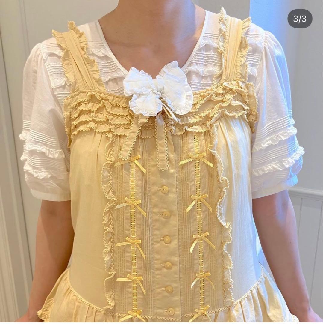 pinkhouse フリル付きクリームイエローノースリーブワンピース