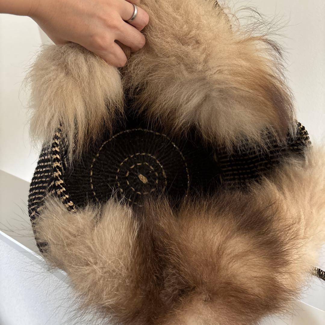 美品　フォックスファーバッグ　かごバッグ　本革持ち手　天然素材