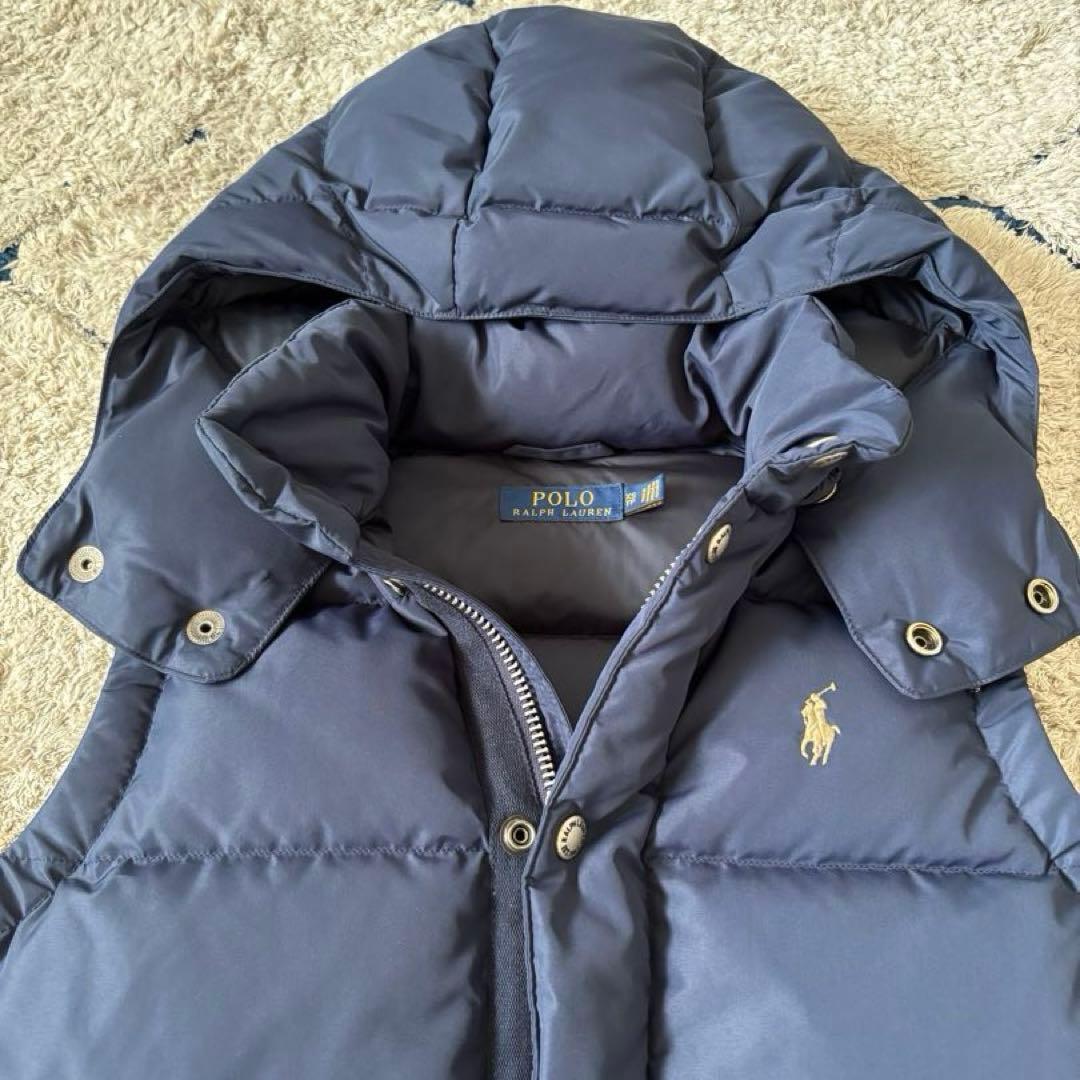 【美品✨】ポロラルフローレン　ダウンベスト　フード　レザー　ポニー刺繍　ネイビー