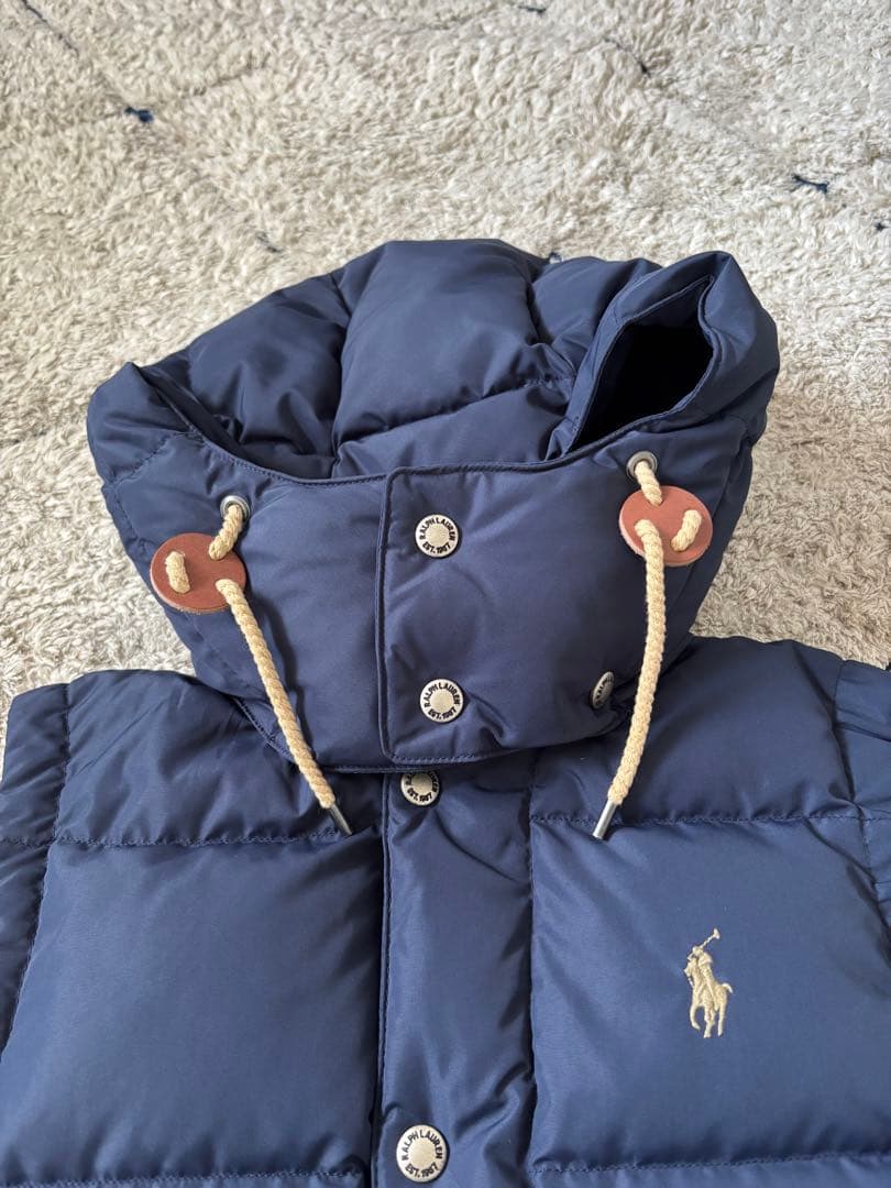 【美品✨】ポロラルフローレン　ダウンベスト　フード　レザー　ポニー刺繍　ネイビー
