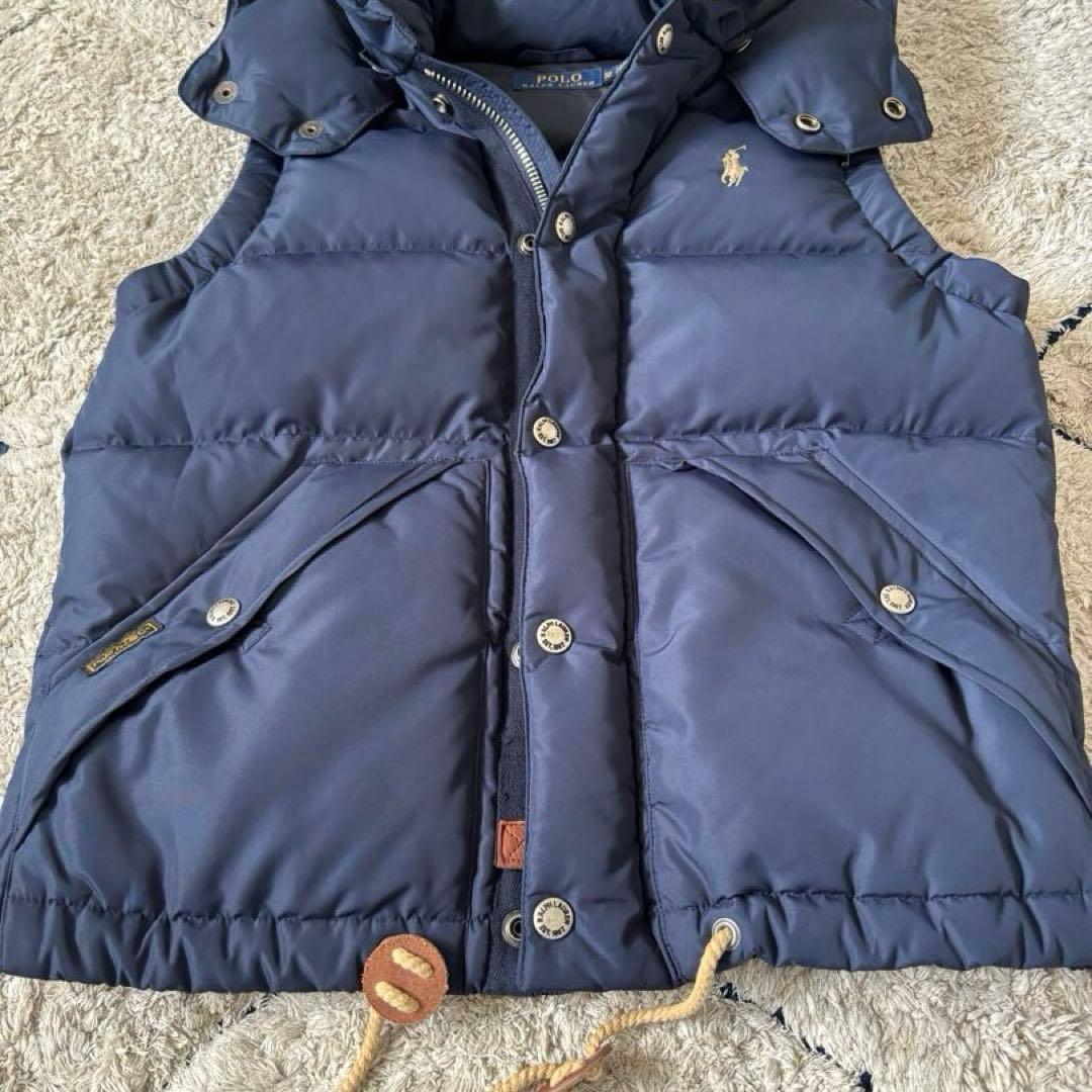 【美品✨】ポロラルフローレン　ダウンベスト　フード　レザー　ポニー刺繍　ネイビー