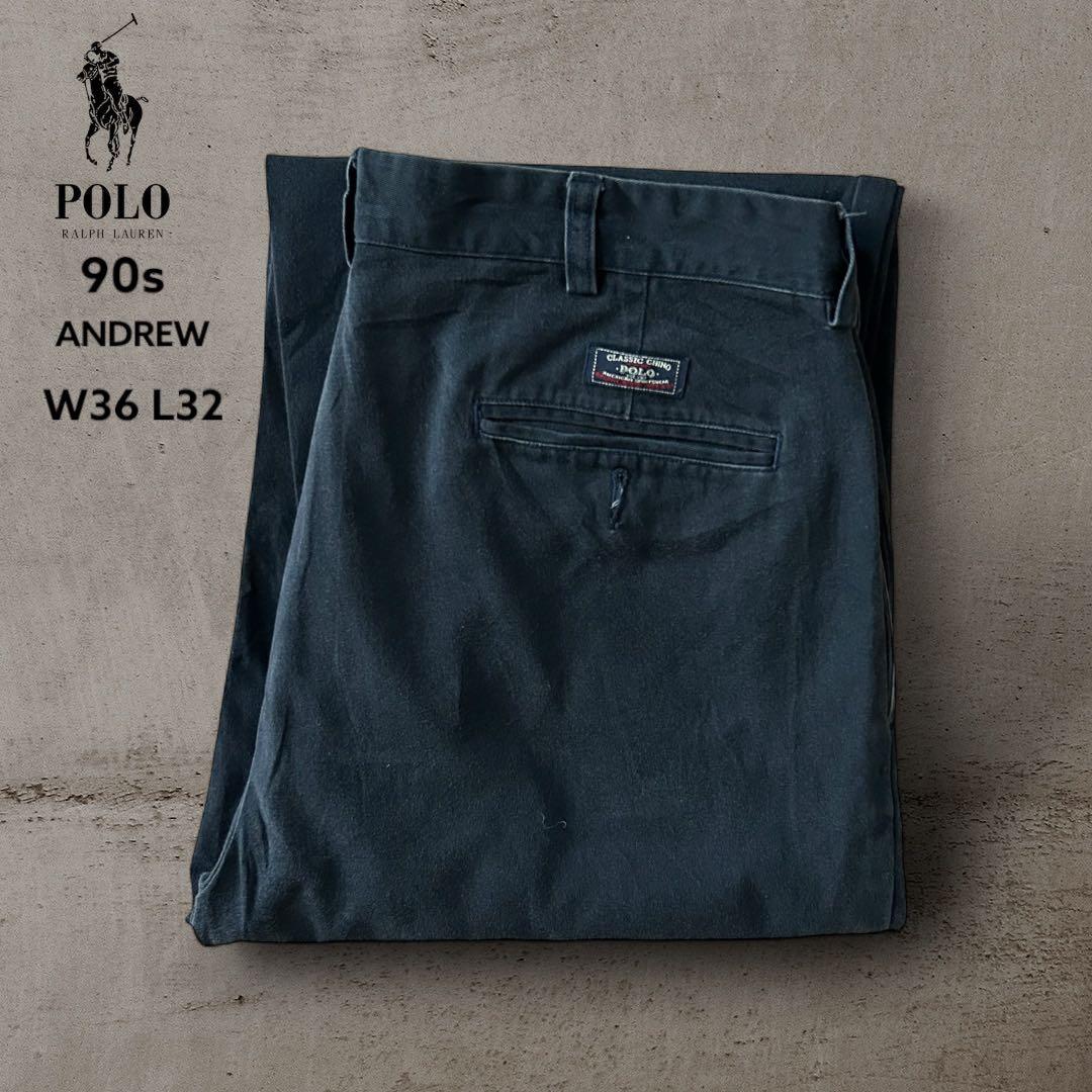 PoloRalphLaurenANDREWフェードブラックポロチノ墨黒W36古着