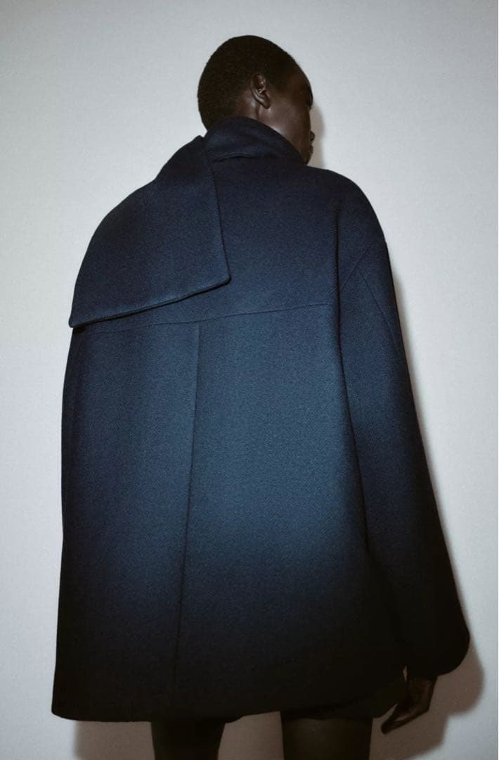 ZARA ウールショートスカーフコート ネイビー S