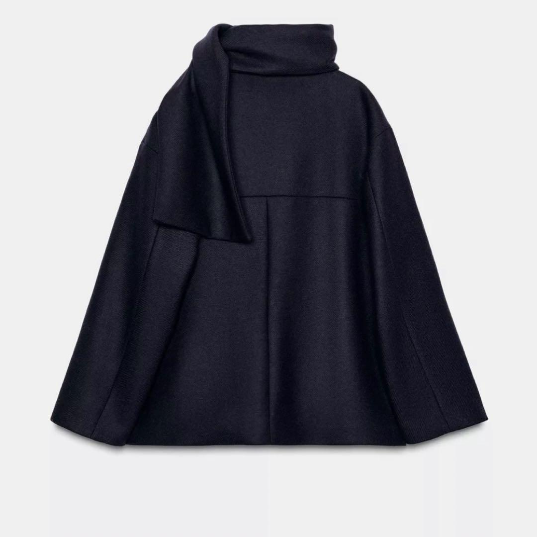 ZARA ウールショートスカーフコート ネイビー S