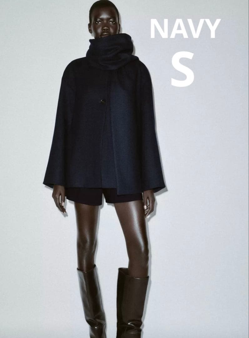 ZARA ウールショートスカーフコート ネイビー S