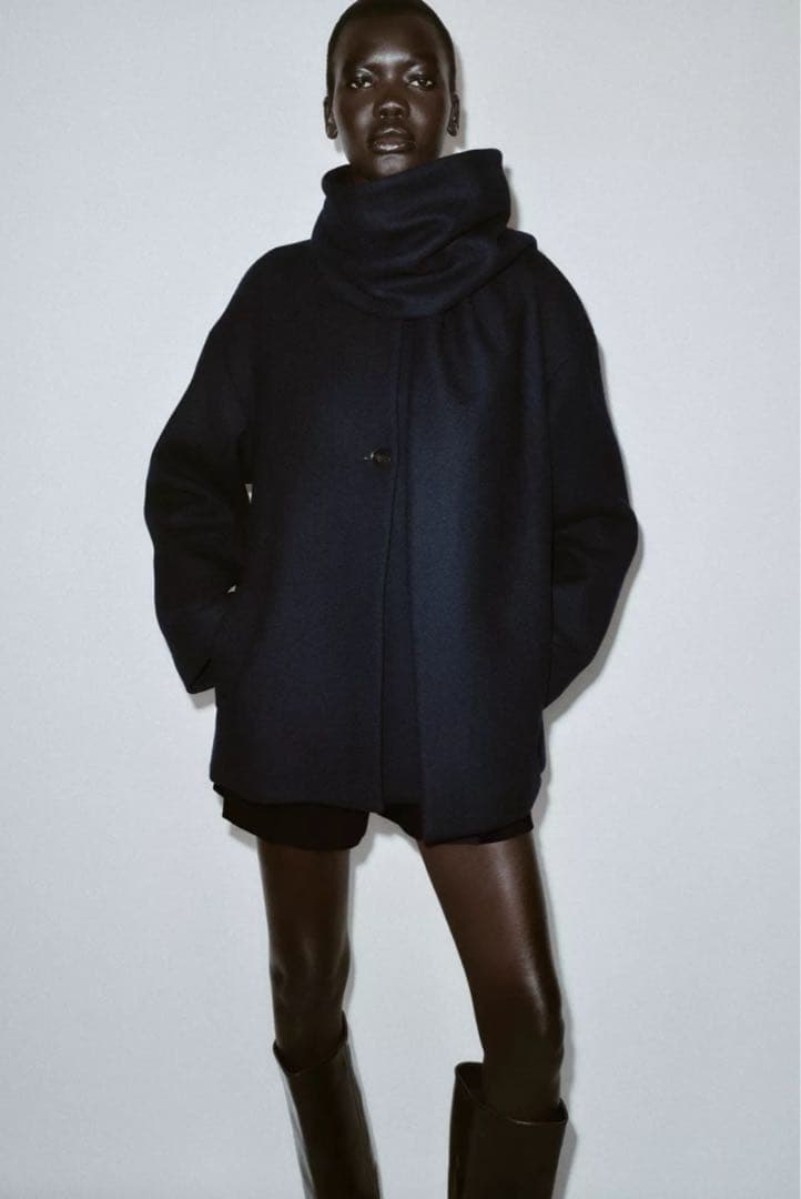 ZARA ウールショートスカーフコート ネイビー S