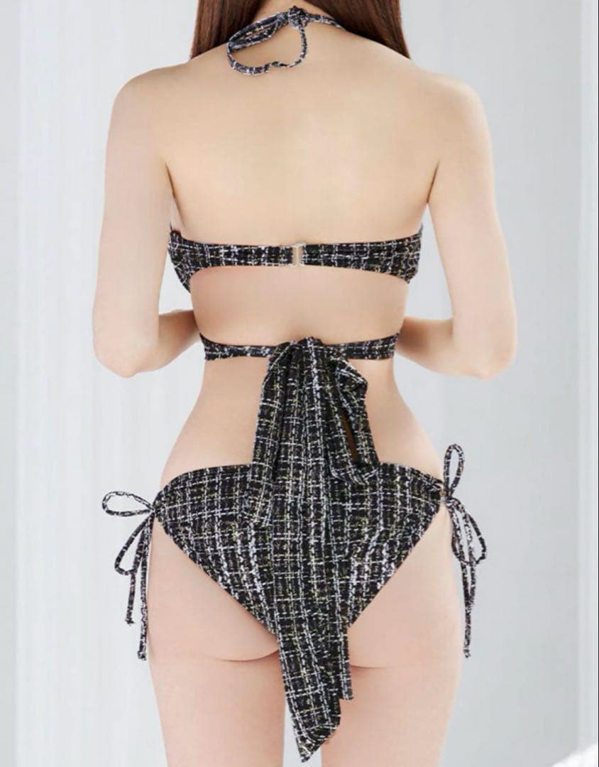 ツイードプリント バッククロスリボン クロスビキニ 2点セット