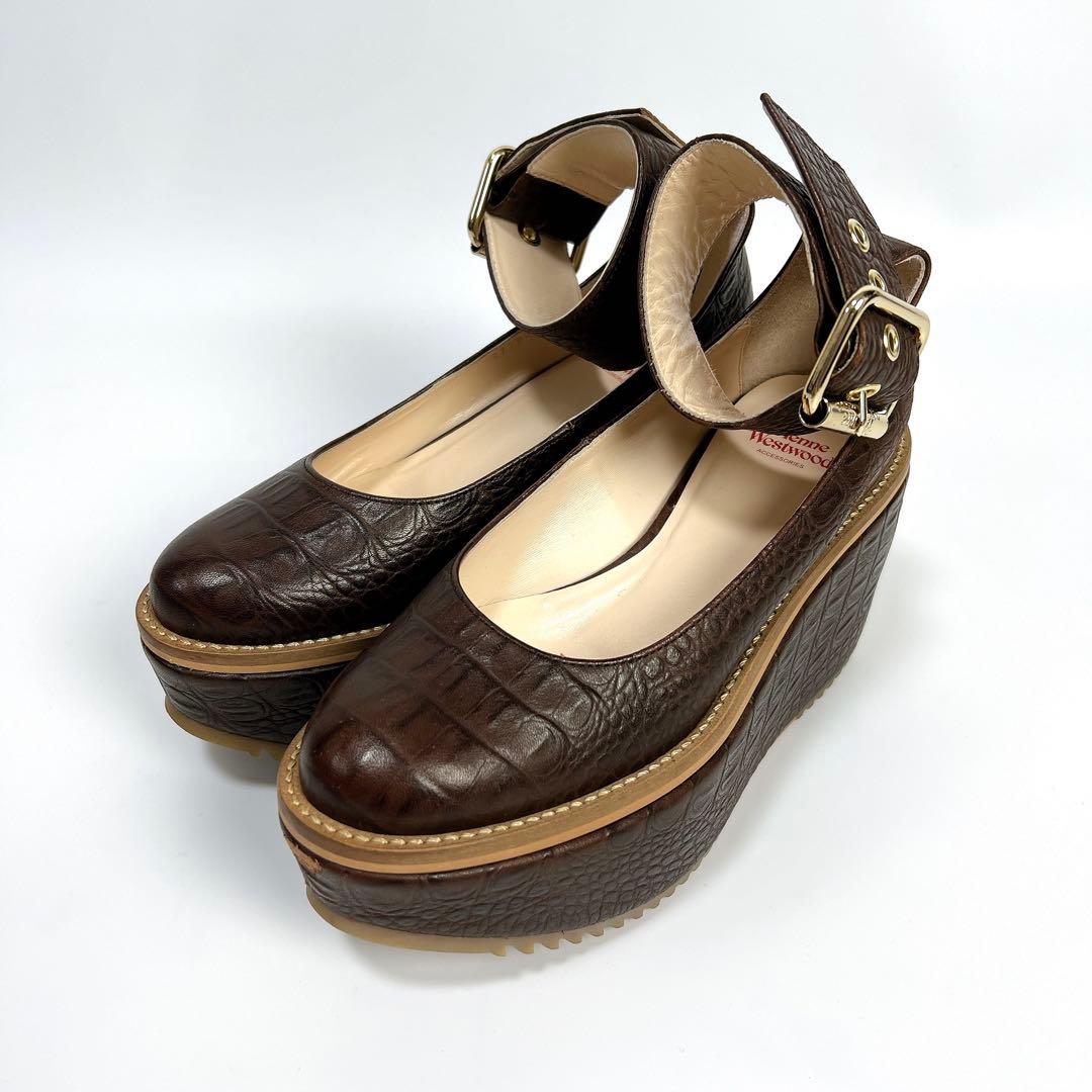 《美品》ヴィヴィアンウエストウッド 厚底ベルトパンプス クロコ ブラウン 36