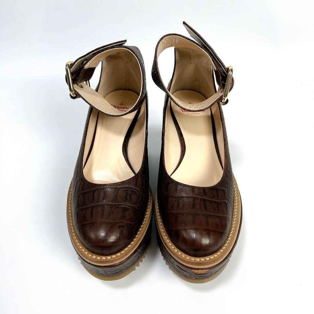 《美品》ヴィヴィアンウエストウッド 厚底ベルトパンプス クロコ ブラウン 36