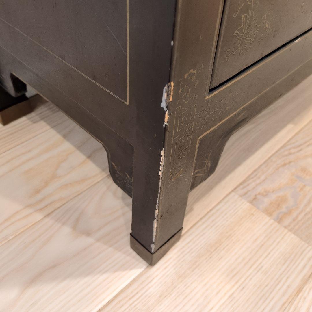 中国家具 キャビネット 花鳥細工 黒塗り 玉石 アンティーク調