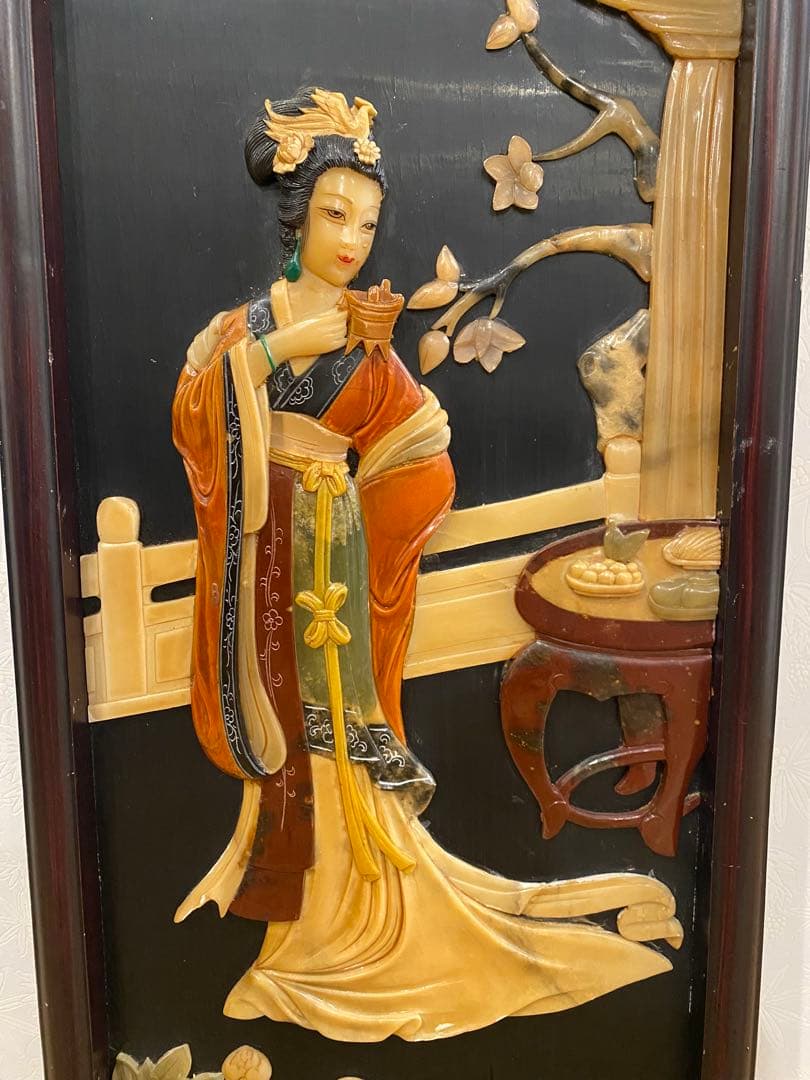 高級中国骨董　楊貴妃　貴妃醉酒　玉石絵画　工芸品　　 中国美術