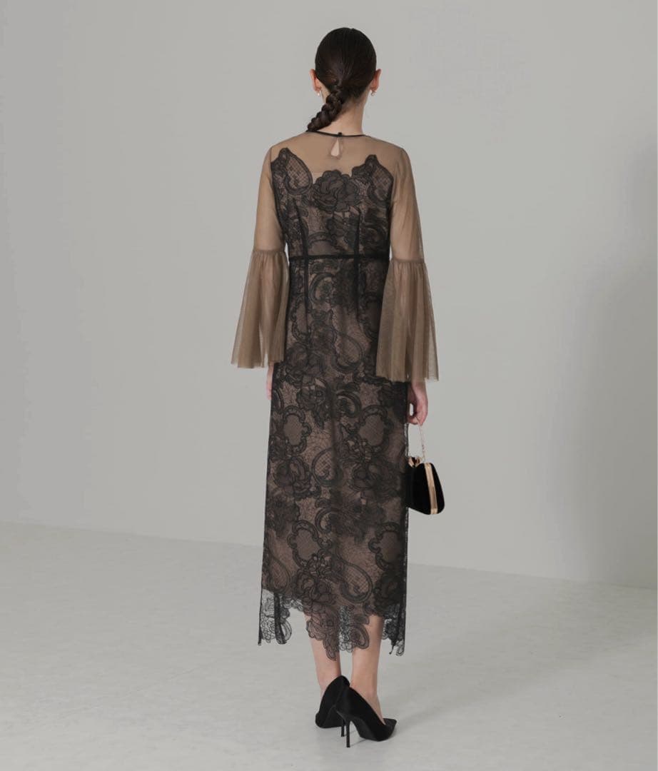 LEJA 異素材シアー刺繍レース透け感プリーツスリーブIラインペンシルスカート