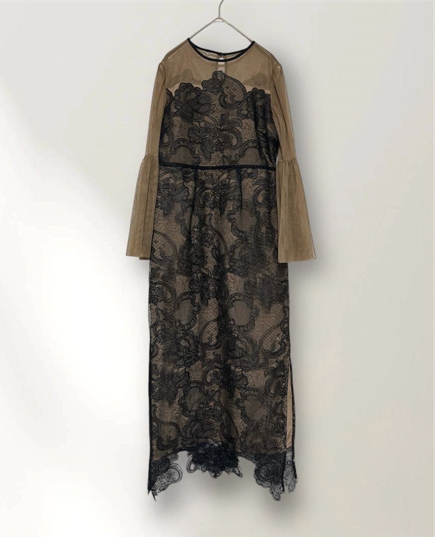 LEJA 異素材シアー刺繍レース透け感プリーツスリーブIラインペンシルスカート