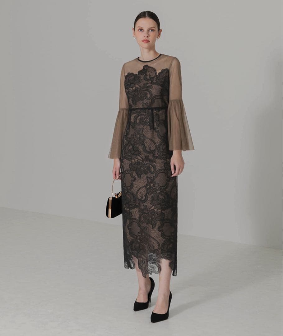 LEJA 異素材シアー刺繍レース透け感プリーツスリーブIラインペンシルスカート