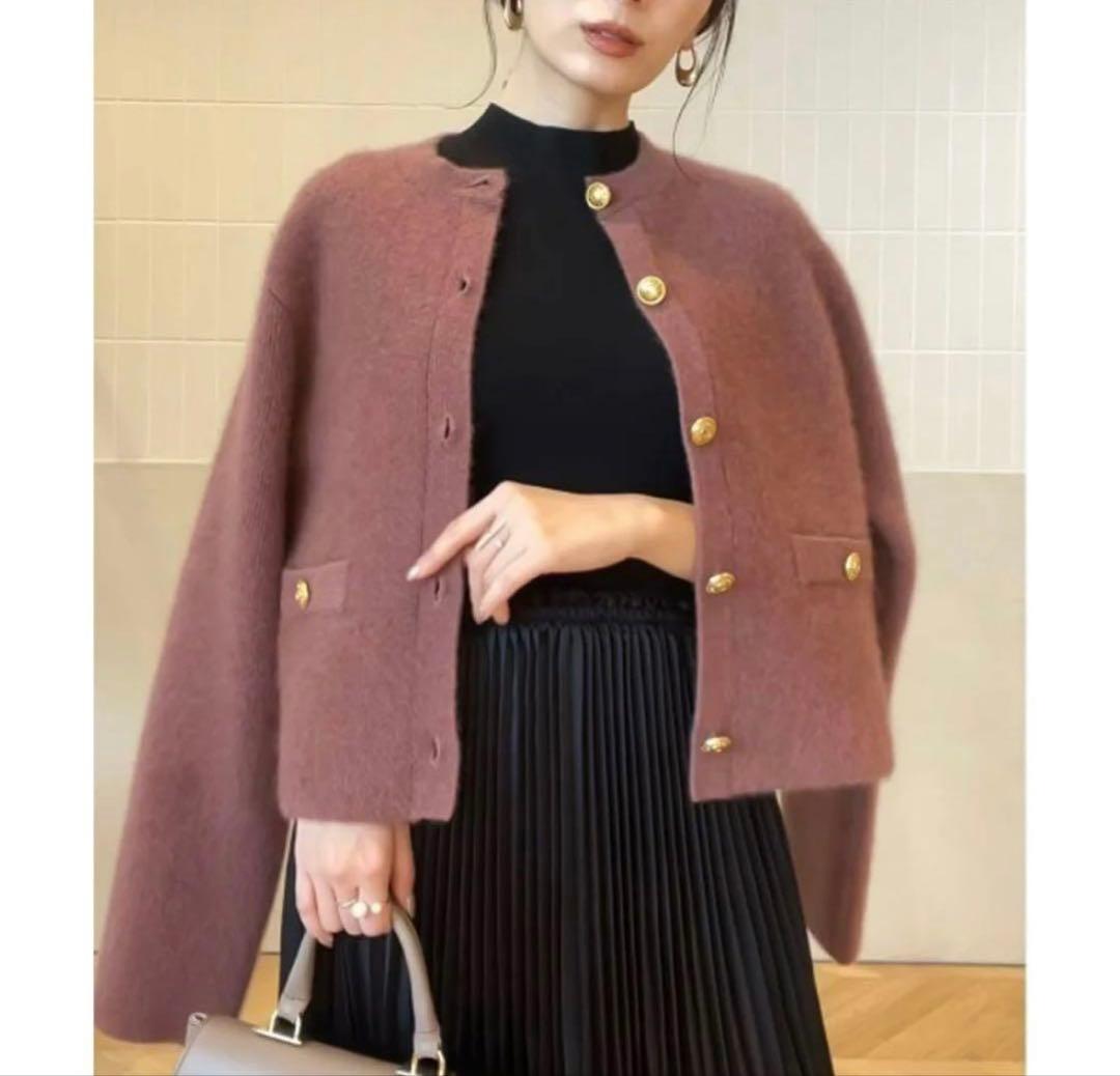 anuans ラクーンブレンドノーカラーニットジャケット ピンク