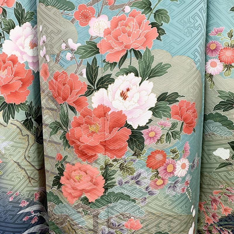 510z41☆振袖 古典柄 金駒刺繍 金彩 地紋 牡丹 水色☆美品 成人式結婚式