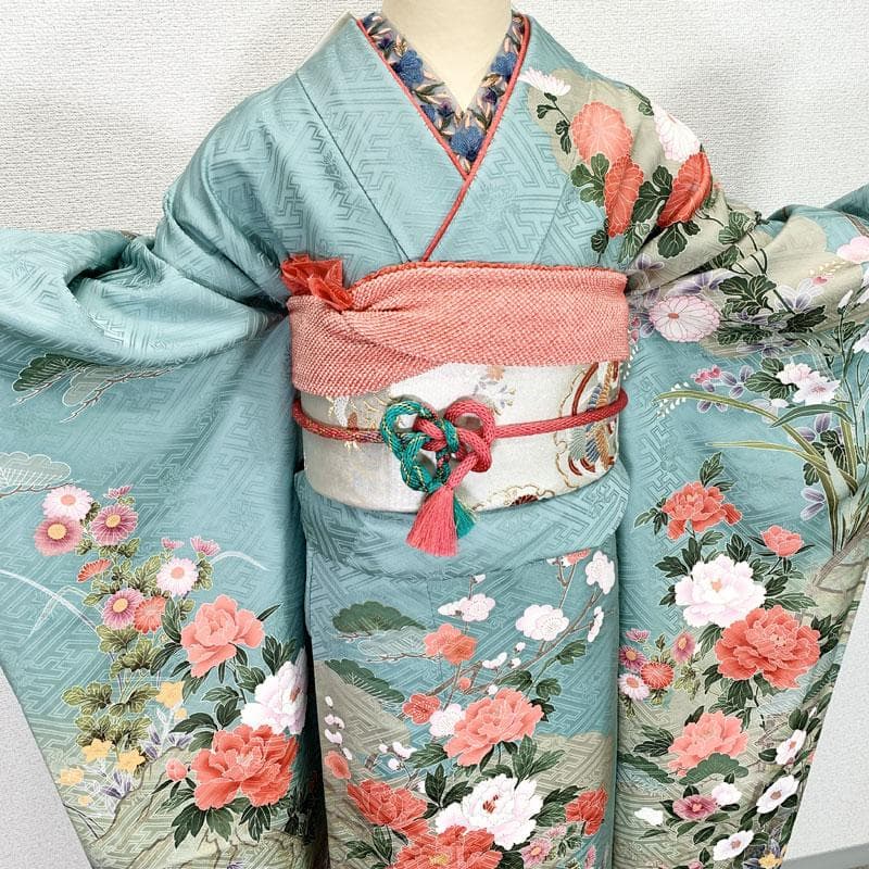 510z41☆振袖 古典柄 金駒刺繍 金彩 地紋 牡丹 水色☆美品 成人式結婚式