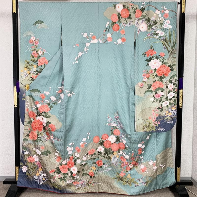 510z41☆振袖 古典柄 金駒刺繍 金彩 地紋 牡丹 水色☆美品 成人式結婚式