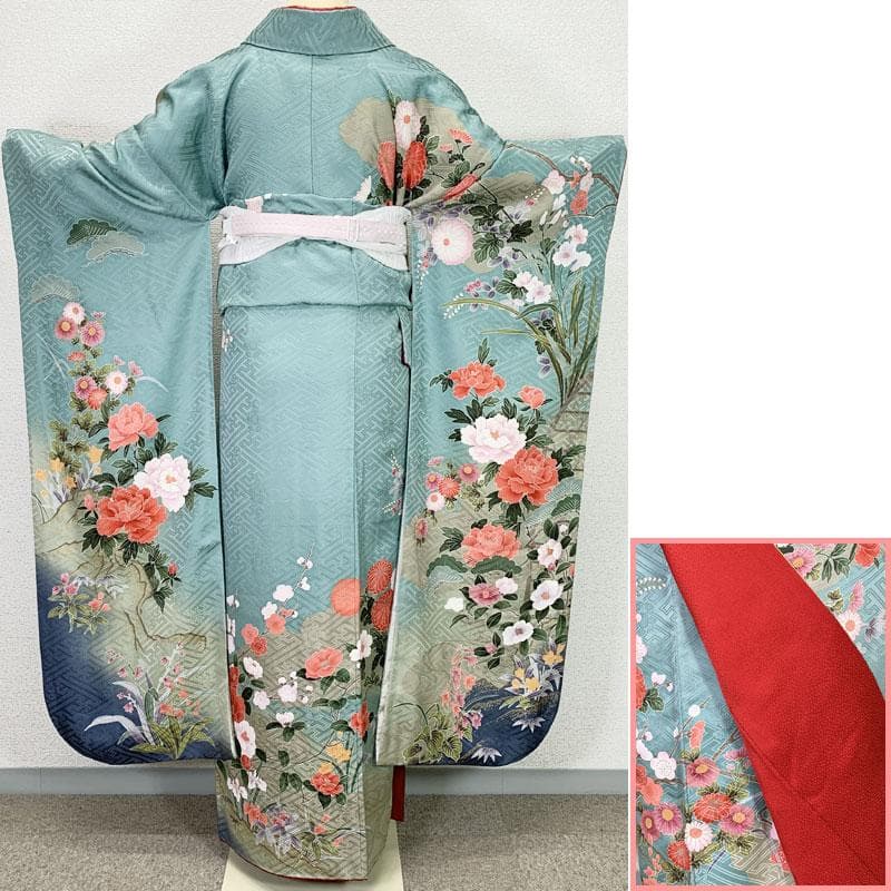 510z41☆振袖 古典柄 金駒刺繍 金彩 地紋 牡丹 水色☆美品 成人式結婚式