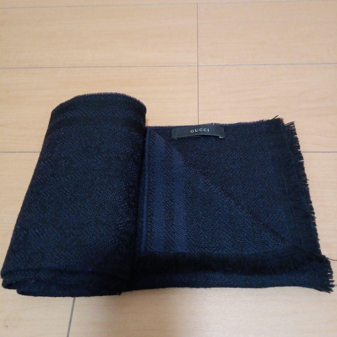 GUCCI ネイビー ウール マフラー フリンジ付き