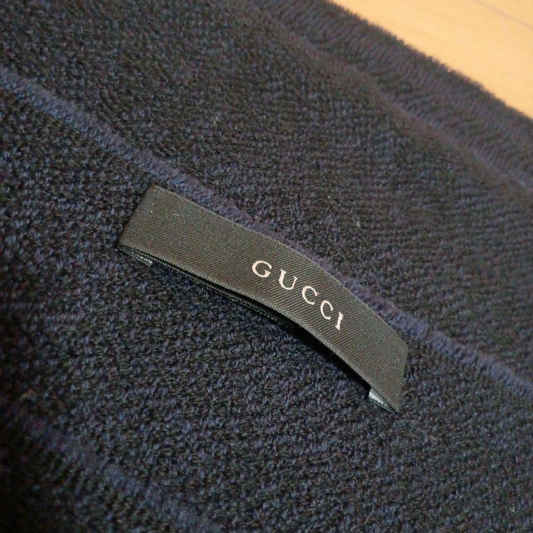 GUCCI ネイビー ウール マフラー フリンジ付き