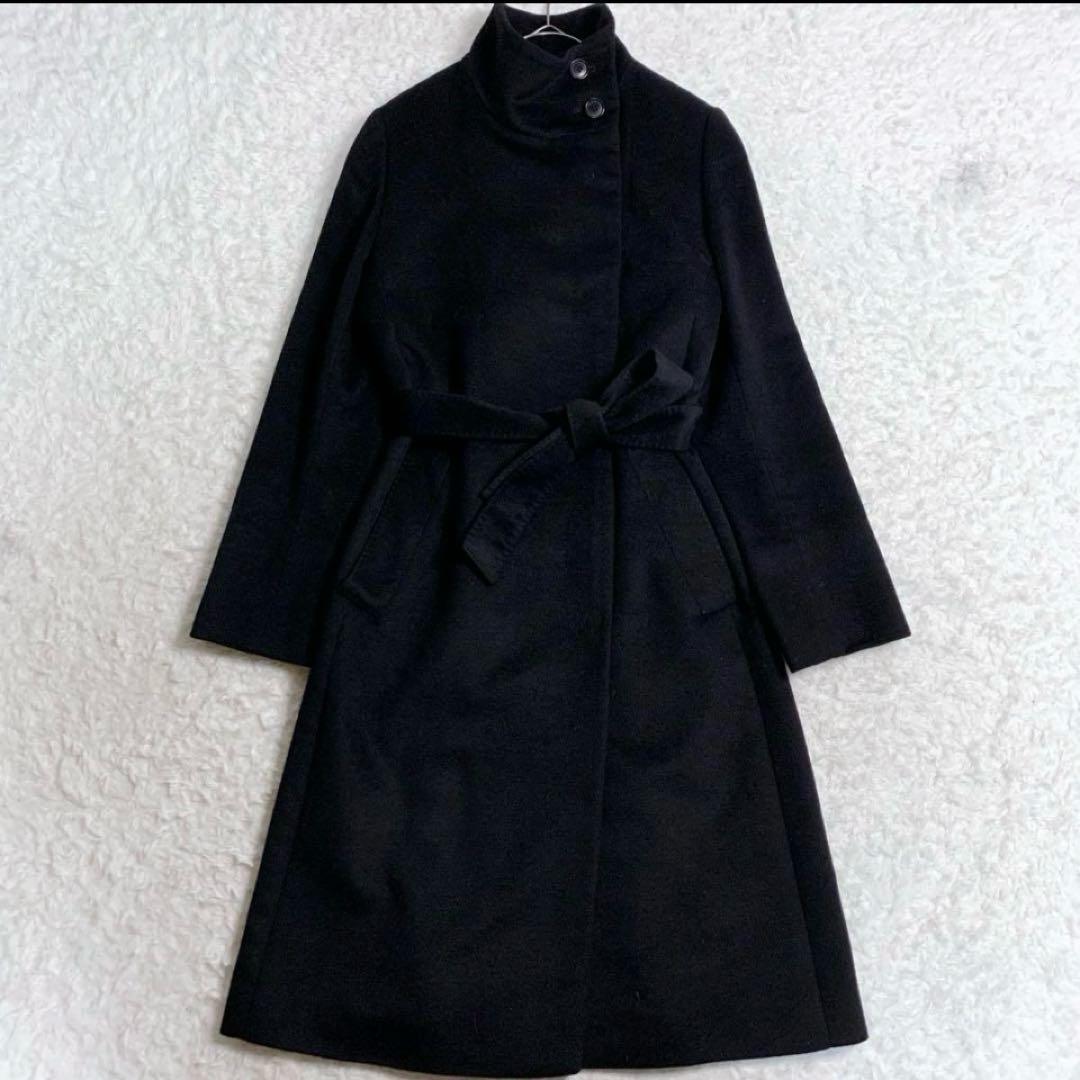 ICB ブラック ロングコート ベルト付き　カシミヤ　アンゴラ　ショールカラー