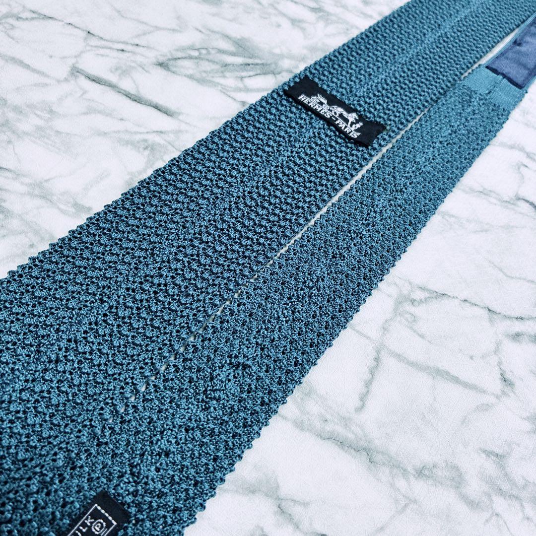 ✨未使用クラス✨エルメス　ニットタイ　H柄　ロゴ　ブルー　ネクタイ