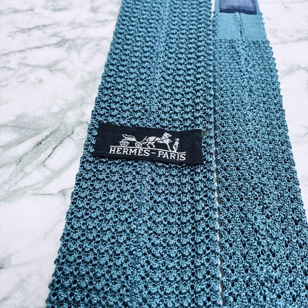 ✨未使用クラス✨エルメス　ニットタイ　H柄　ロゴ　ブルー　ネクタイ
