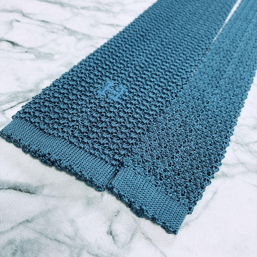 ✨未使用クラス✨エルメス　ニットタイ　H柄　ロゴ　ブルー　ネクタイ