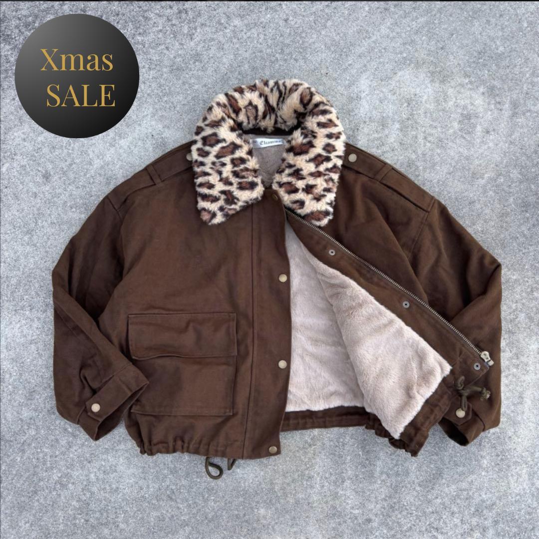 Elcamino レオパード襟2WAY ファー短丈ブルゾン 茶 y2k