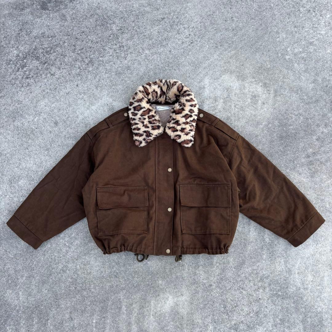 Elcamino レオパード襟2WAY ファー短丈ブルゾン 茶 y2k