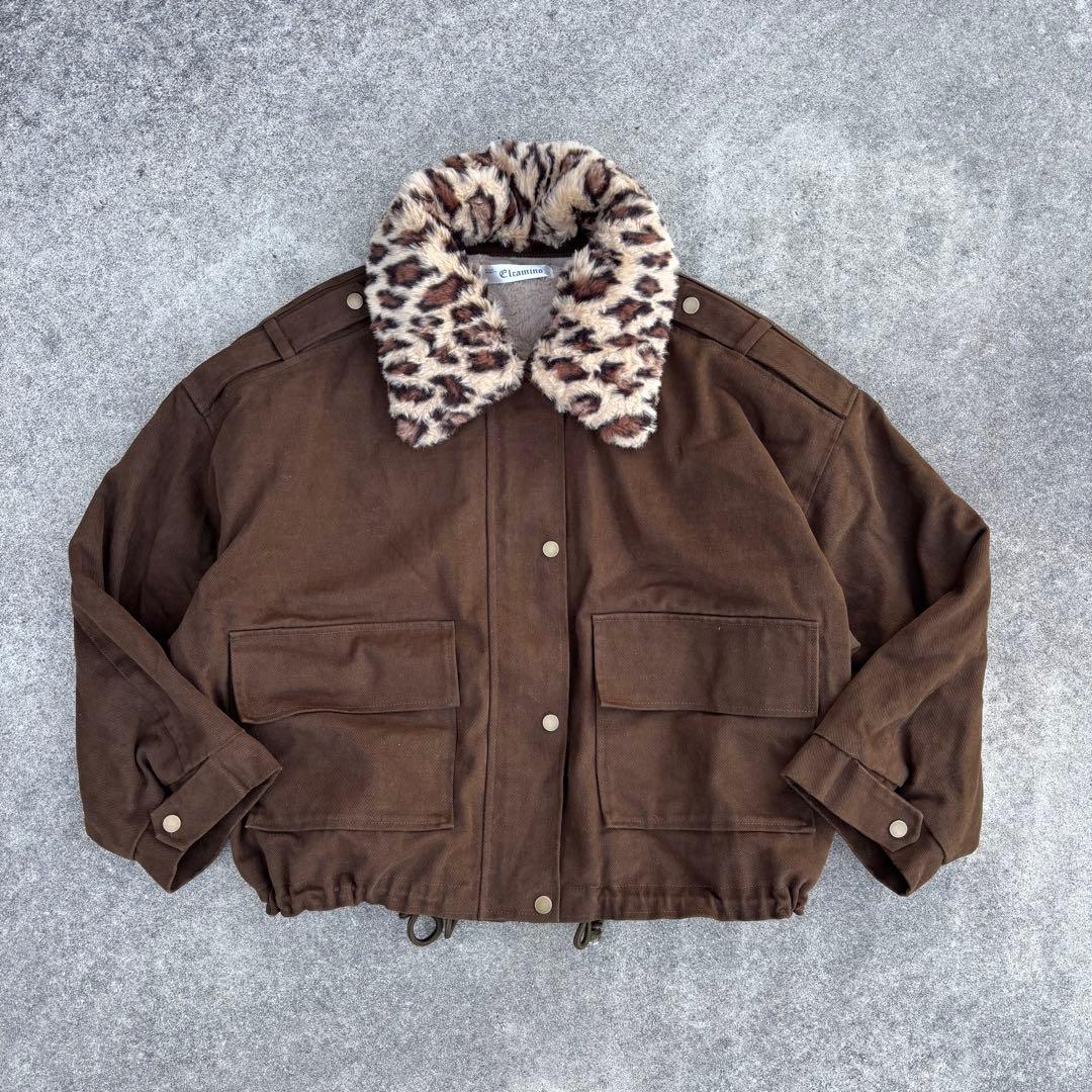 Elcamino レオパード襟2WAY ファー短丈ブルゾン 茶 y2k