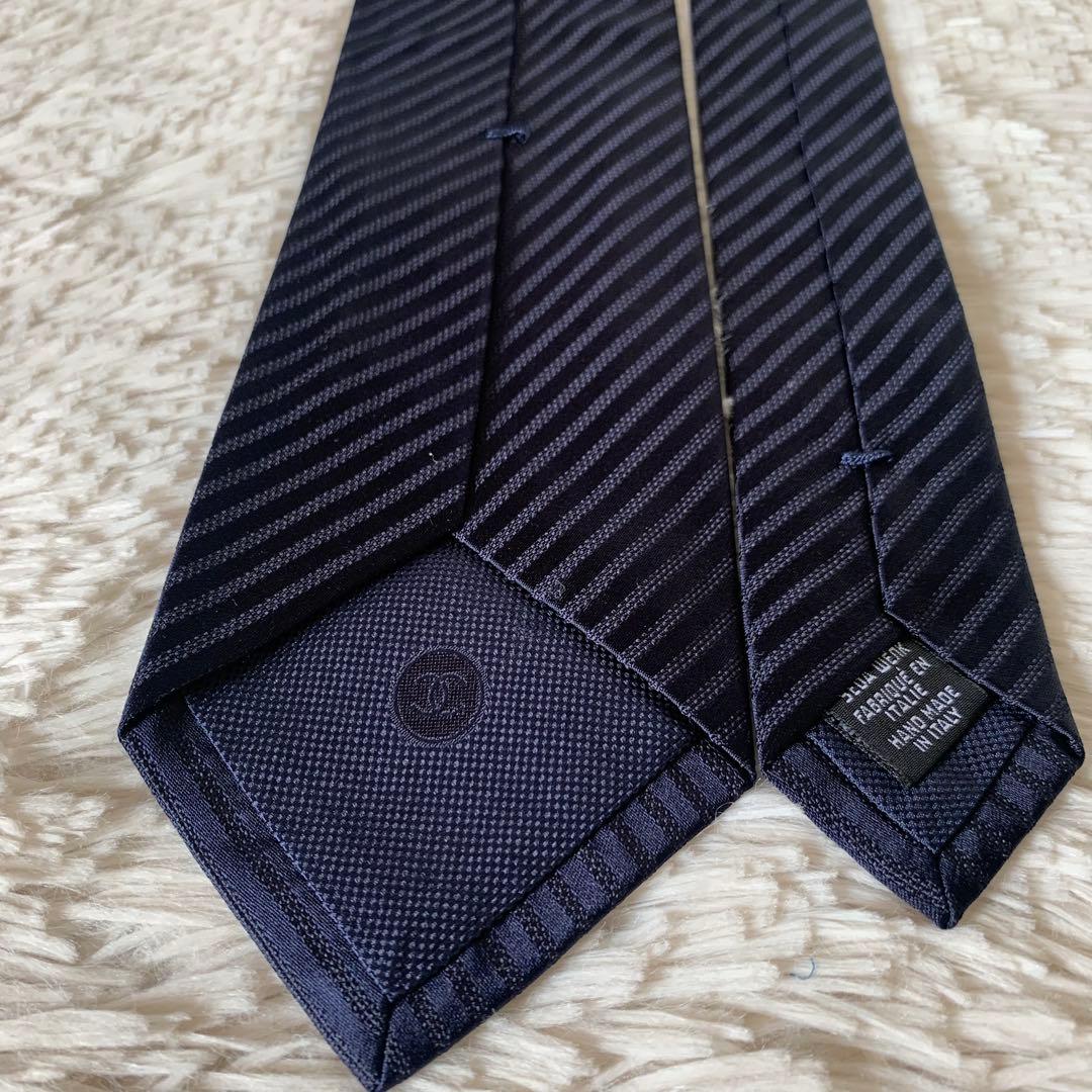 極美品✨CHANEL シャネル 現行品ココマーク ストライプ ネクタイ ネイビー