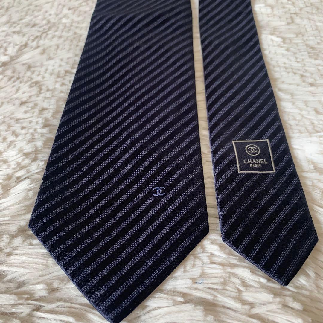 極美品✨CHANEL シャネル 現行品ココマーク ストライプ ネクタイ ネイビー