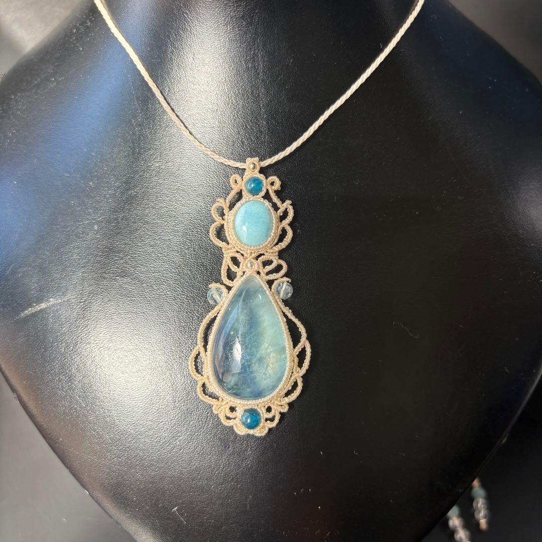 アクアマリン×ラリマー×アパタイトビーズのマクラメネックレス