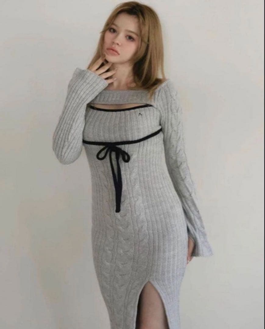 アンドマリーandmary Joan ribbon knit dress GRY