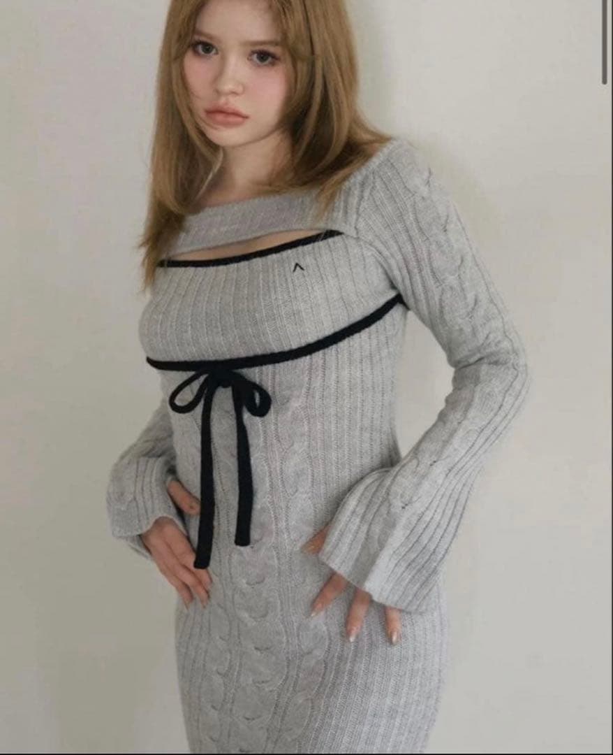 アンドマリーandmary Joan ribbon knit dress GRY