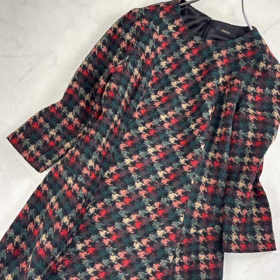 現行 美品✨銀座マギー ツイードロングワンピース フレア ハウンドトゥース柄 L