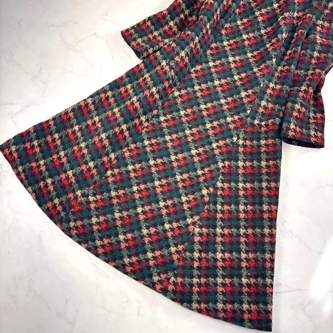 現行 美品✨銀座マギー ツイードロングワンピース フレア ハウンドトゥース柄 L
