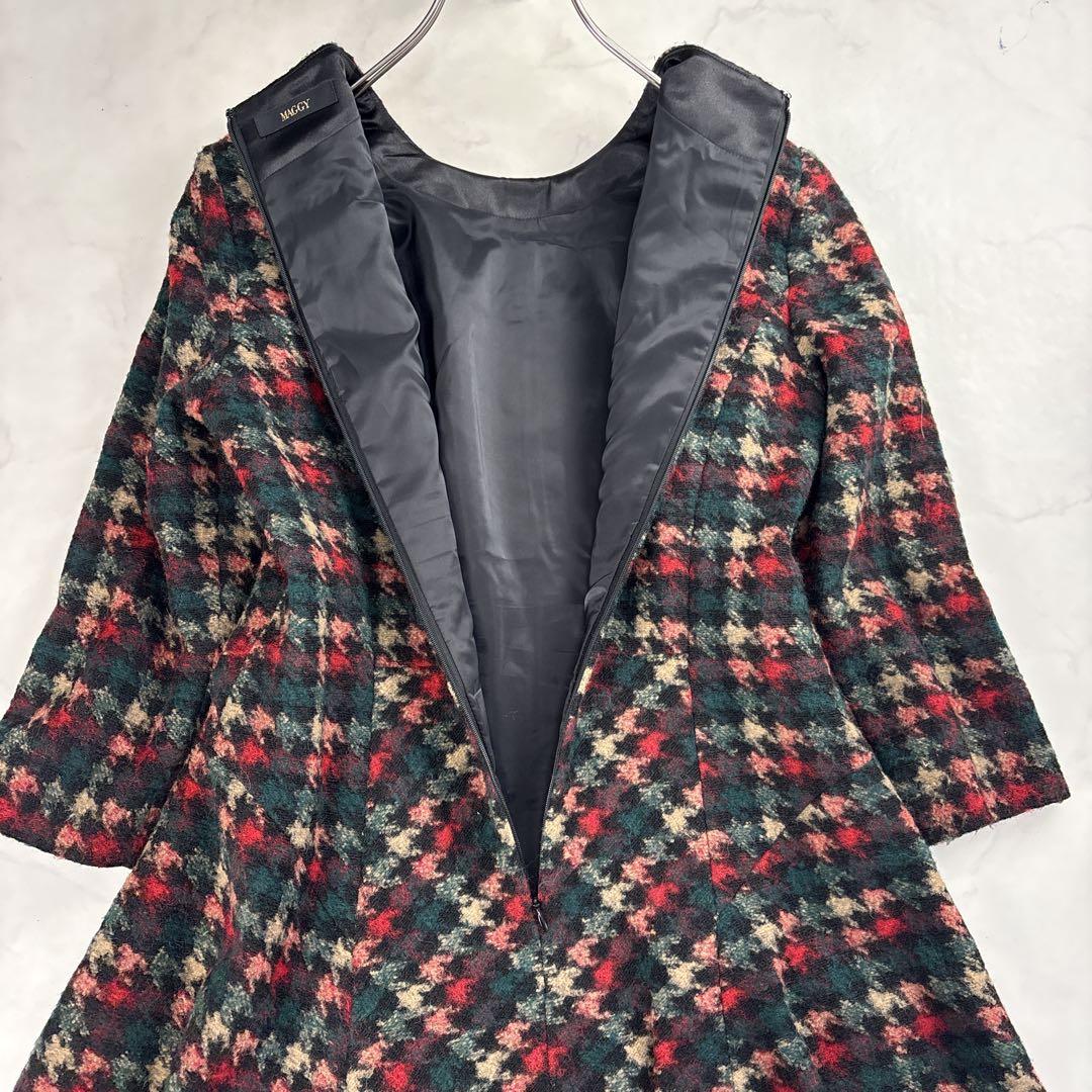 現行 美品✨銀座マギー ツイードロングワンピース フレア ハウンドトゥース柄 L