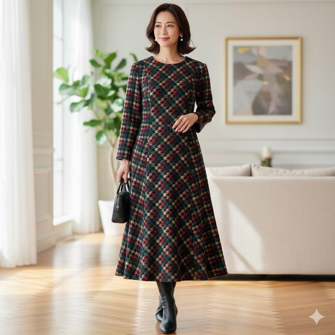 現行 美品✨銀座マギー ツイードロングワンピース フレア ハウンドトゥース柄 L